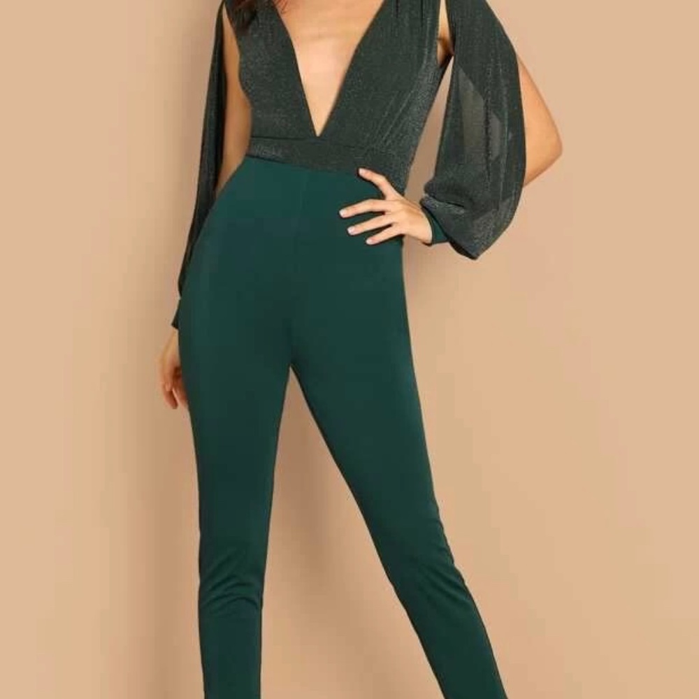 Deep Plunge V Neck Split Sleeve Jumpsuit